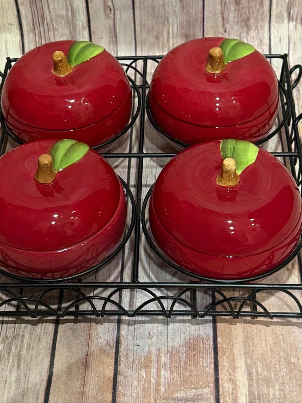 Temp-Tations Red Apple Ceramic Covered Bowls with Green Leaf Accent Overwear